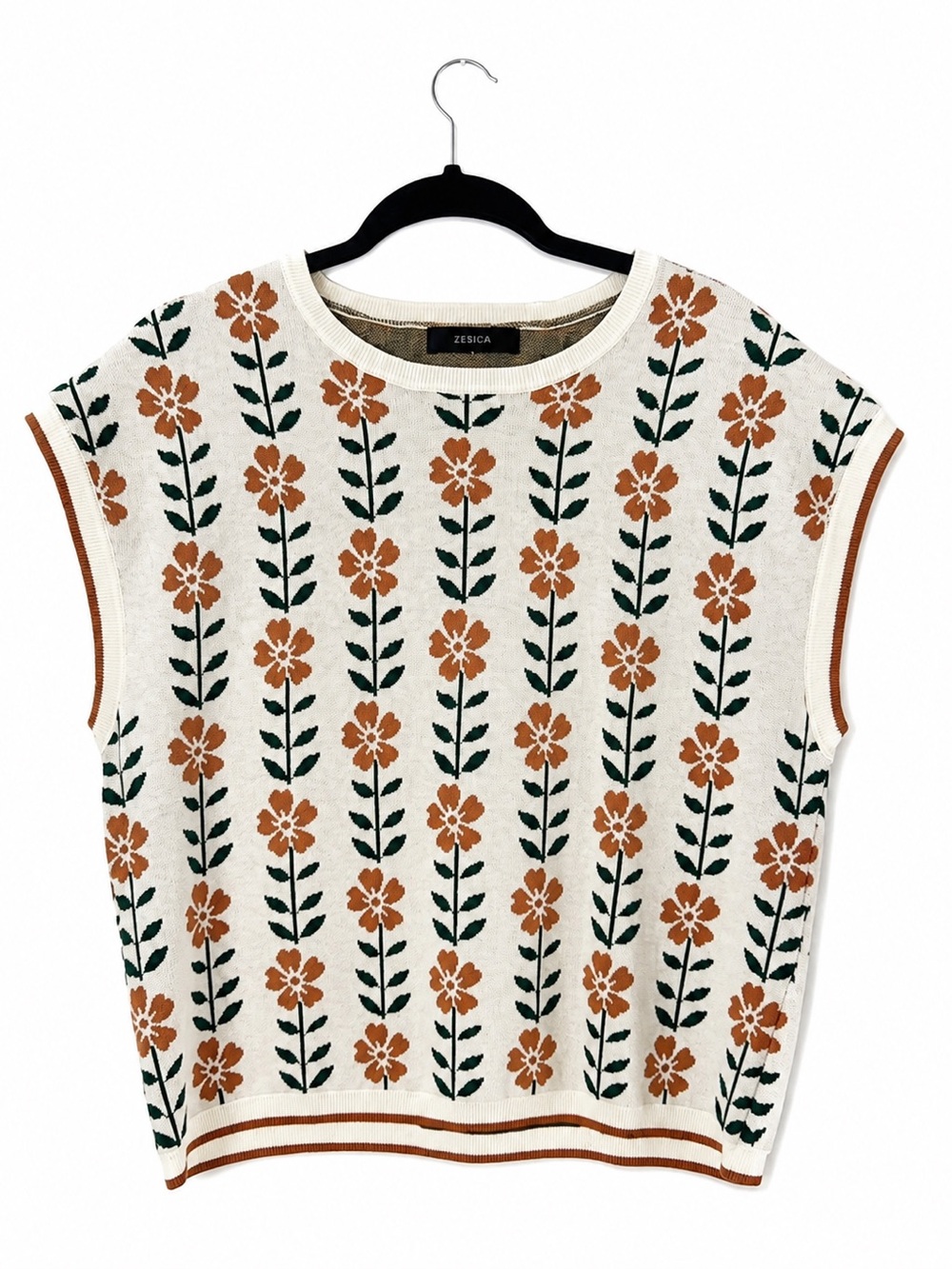 ZESICA Floral Knit Sweater Vest Brown Cottagecore Boho Sleeveless Pullover L